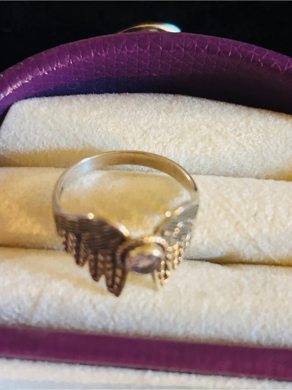 Gold 925 Stamped Winged Heart Ring with Amethyst   - Women Jewelry Size 9